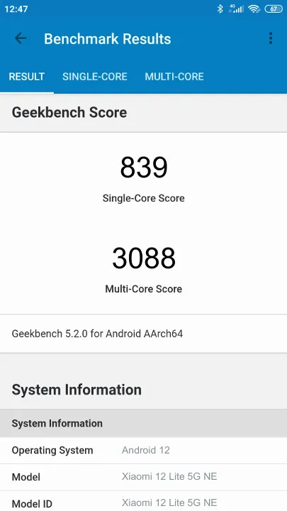 Xiaomi 12 Lite 5G NE Geekbench ベンチマークテスト