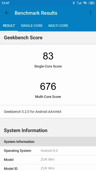 ZUK Mini Geekbench benchmark score results