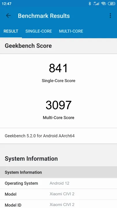 Βαθμολογία Xiaomi CIVI 2 8/128GB Geekbench Benchmark