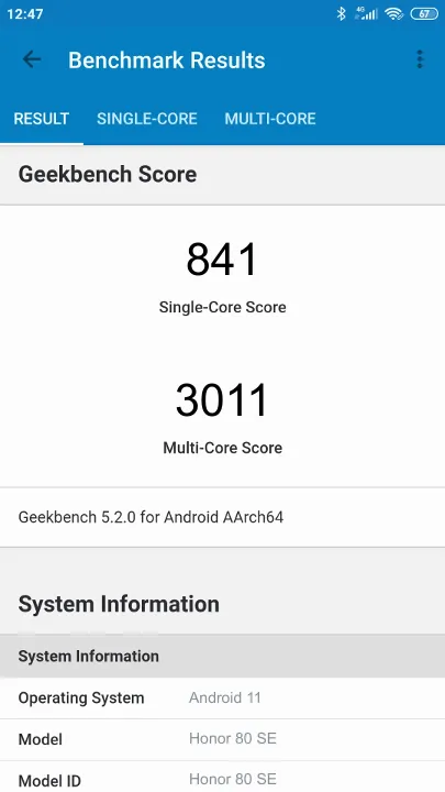 Wyniki testu Honor 80 SE Geekbench Benchmark