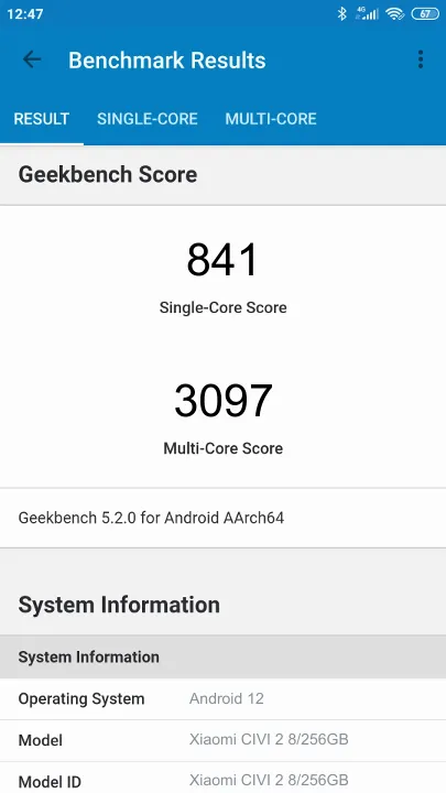 Punteggi Xiaomi CIVI 2 8/256GB Geekbench Benchmark
