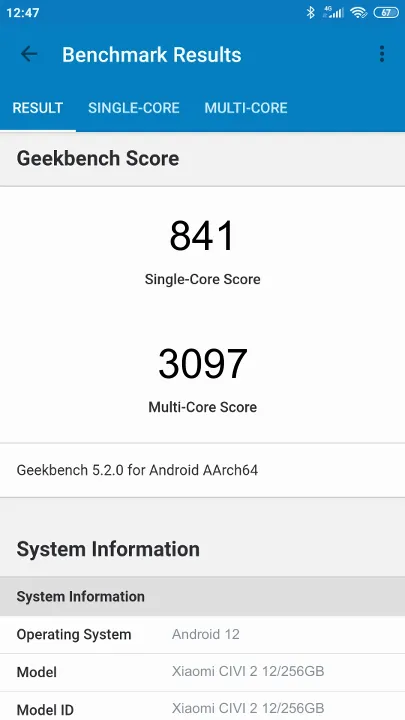 Βαθμολογία Xiaomi CIVI 2 12/256GB Geekbench Benchmark