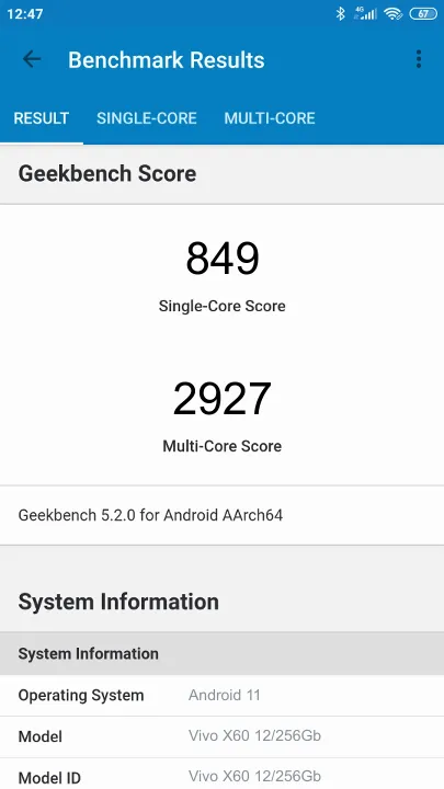 Vivo X60 12/256Gb תוצאות ציון מידוד Geekbench