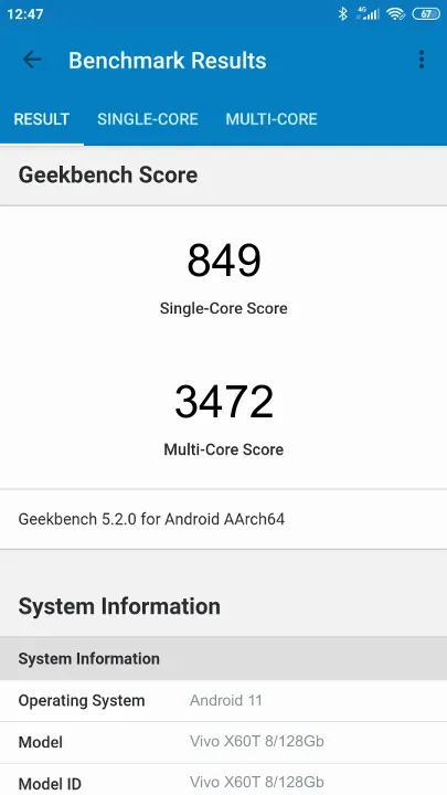 Punteggi Vivo X60T 8/128Gb Geekbench Benchmark