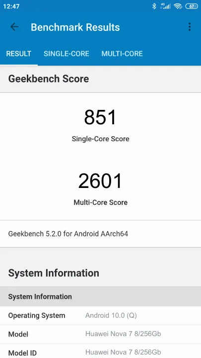 نتائج اختبار Huawei Nova 7 8/256Gb Geekbench المعيارية
