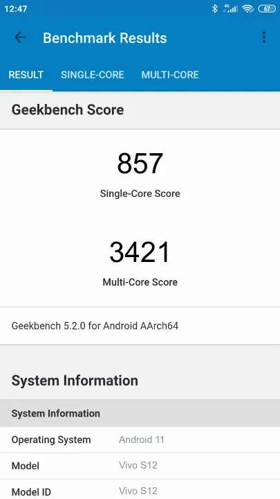 Vivo S12 Geekbench Benchmark testi
