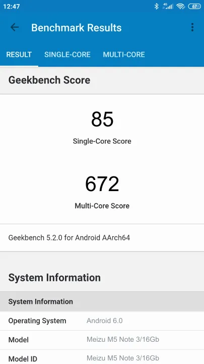 Wyniki testu Meizu M5 Note 3/16Gb Geekbench Benchmark