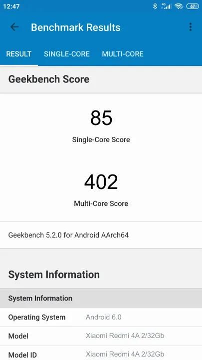 Pontuações do Xiaomi Redmi 4A 2/32Gb Geekbench Benchmark
