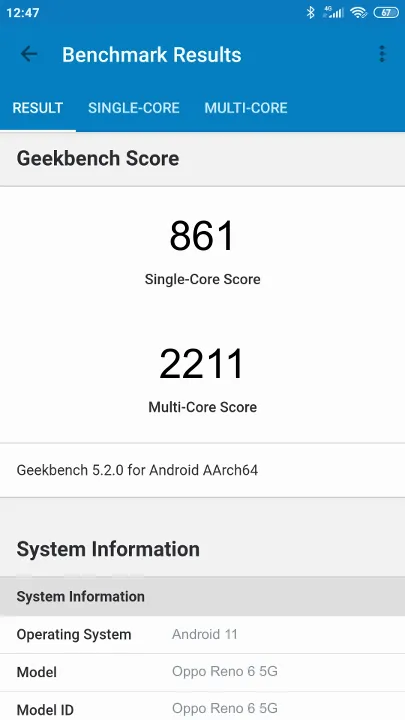 Oppo Reno 6 5G Geekbench ベンチマークテスト