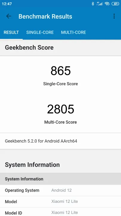 Xiaomi 12 Lite 6/128GB的Geekbench Benchmark测试得分