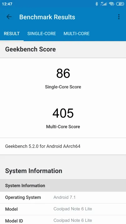 Coolpad Note 6 Lite Geekbench Benchmark점수