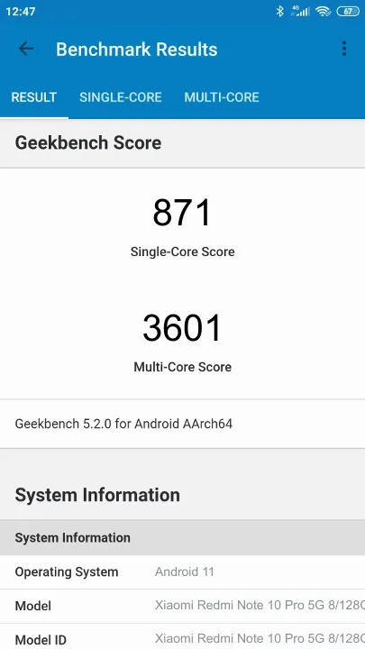 Test Xiaomi Redmi Note 10 Pro 5G 8/128Gb Geekbench Benchmark