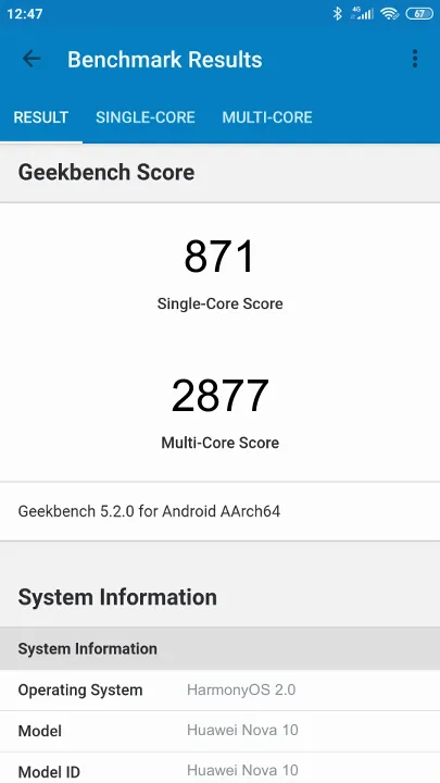 Punteggi Huawei Nova 10 8/128GB Geekbench Benchmark