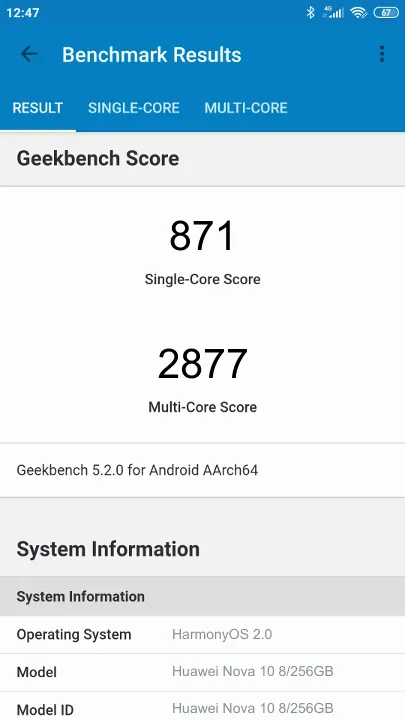 Punteggi Huawei Nova 10 8/256GB Geekbench Benchmark
