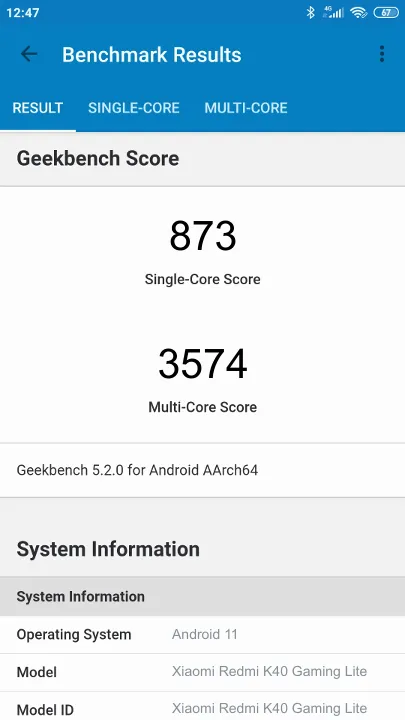 Xiaomi Redmi K40 Gaming Lite的Geekbench Benchmark测试得分