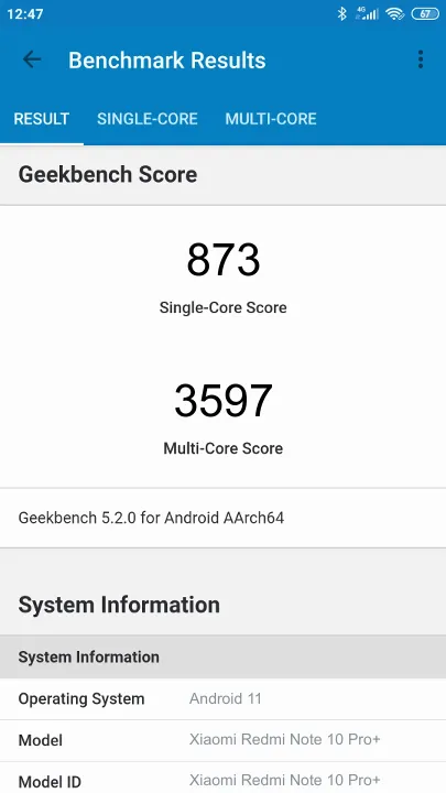 Xiaomi Redmi Note 10 Pro+ Geekbench benchmark score results