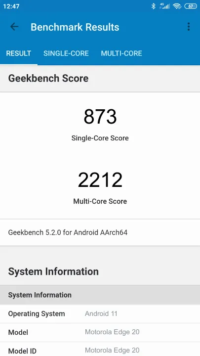 Punteggi Motorola Edge 20 Geekbench Benchmark
