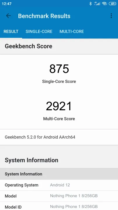 Wyniki testu Nothing Phone 1 8/256GB Geekbench Benchmark