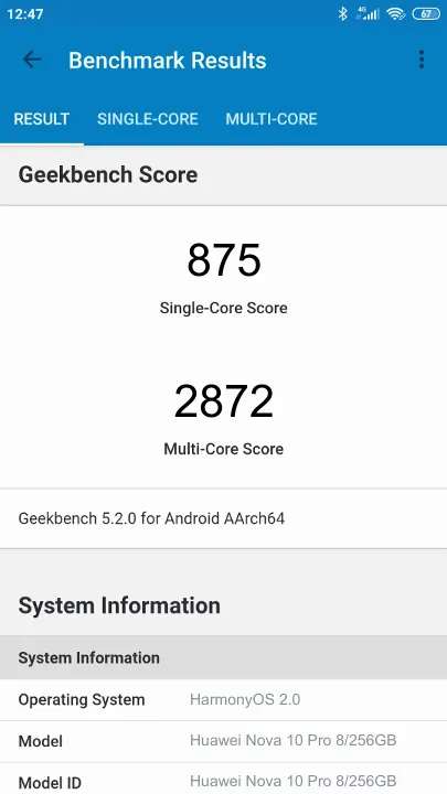 Punteggi Huawei Nova 10 Pro 8/256GB Geekbench Benchmark