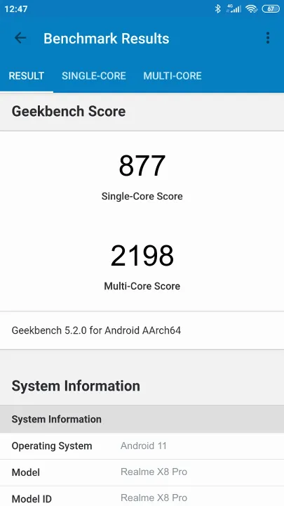 Pontuações do Realme X8 Pro Geekbench Benchmark
