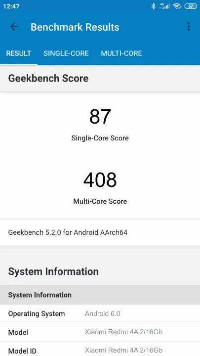 Wyniki testu Xiaomi Redmi 4A 2/16Gb Geekbench Benchmark