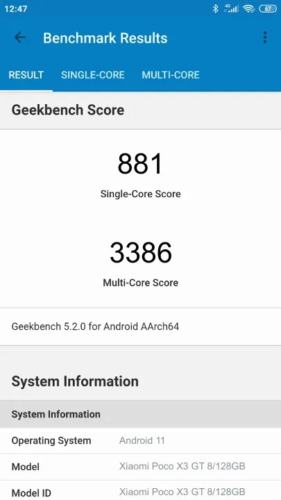 Βαθμολογία Xiaomi Poco X3 GT 8/128GB Geekbench Benchmark