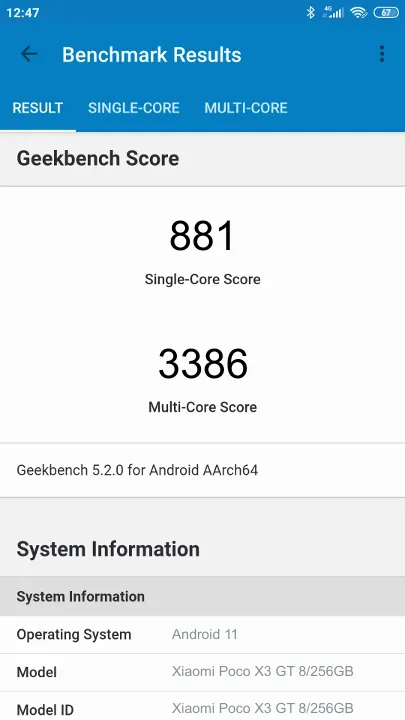 Xiaomi Poco X3 GT 8/256GB Geekbench benchmark score results