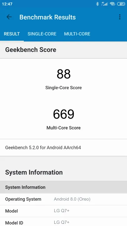 LG Q7+ תוצאות ציון מידוד Geekbench