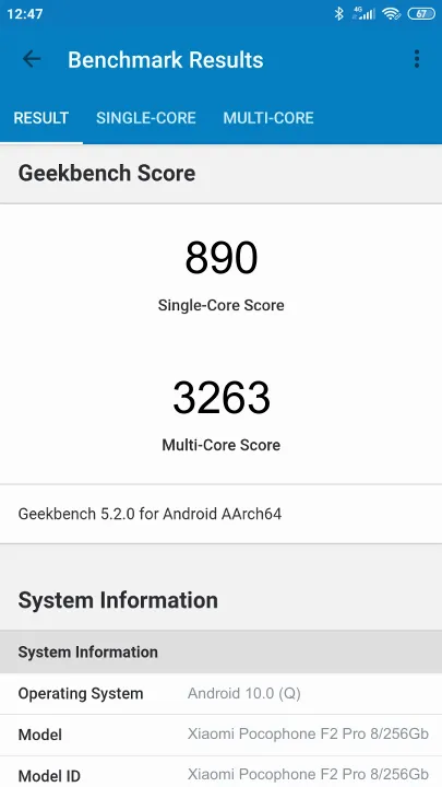 Pontuações do Xiaomi Pocophone F2 Pro 8/256Gb Geekbench Benchmark