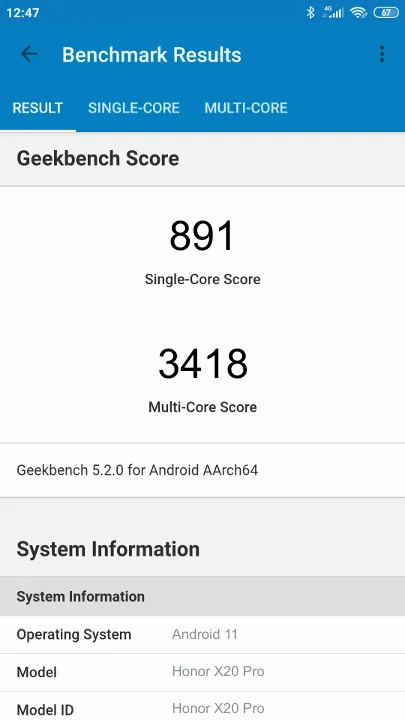 Honor X20 Pro Geekbench benchmark score results