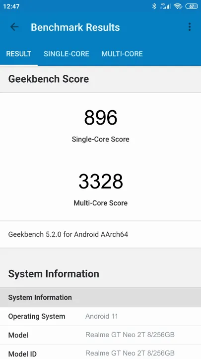 Realme GT Neo 2T 8/256GB Geekbench benchmark score results