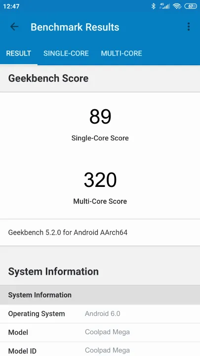 Coolpad Mega Geekbench benchmark score results
