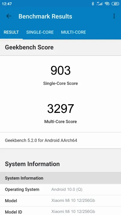 نتائج اختبار Xiaomi Mi 10 12/256Gb Geekbench المعيارية