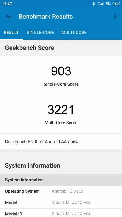 نتائج اختبار Xiaomi Mi CC10 Pro Geekbench المعيارية