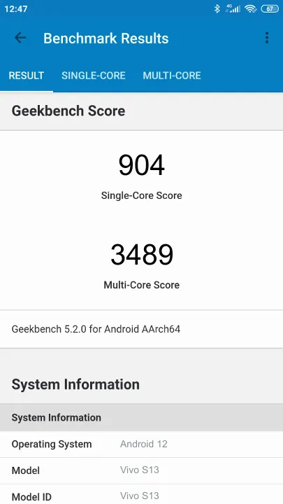 Vivo S13 Geekbench Benchmark-Ergebnisse