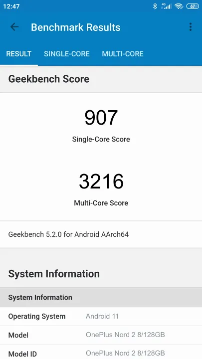 OnePlus Nord 2 8/128GB的Geekbench Benchmark测试得分