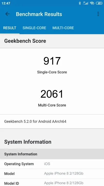 Wyniki testu Apple iPhone 8 2/128Gb Geekbench Benchmark