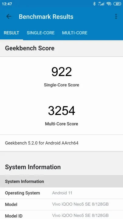 Vivo iQOO Neo5 SE 8/128GB Geekbench benchmark score results