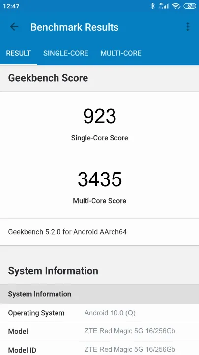 Wyniki testu ZTE Red Magic 5G 16/256Gb Geekbench Benchmark