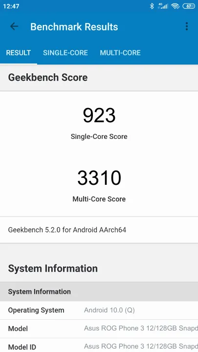 Asus ROG Phone 3 12/128GB Snapdragon 865 Geekbench benchmark: classement et résultats scores de tests