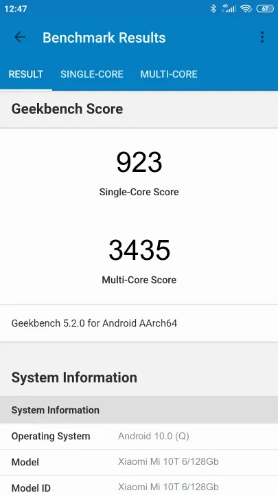 نتائج اختبار Xiaomi Mi 10T 6/128Gb Geekbench المعيارية