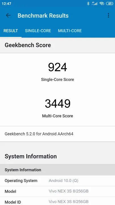 Wyniki testu Vivo NEX 3S 8/256GB Geekbench Benchmark