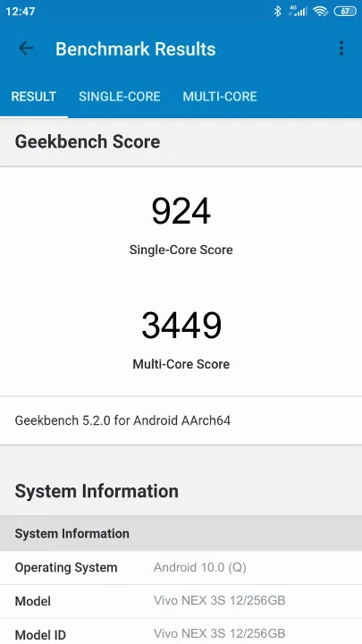Punteggi Vivo NEX 3S 12/256GB Geekbench Benchmark