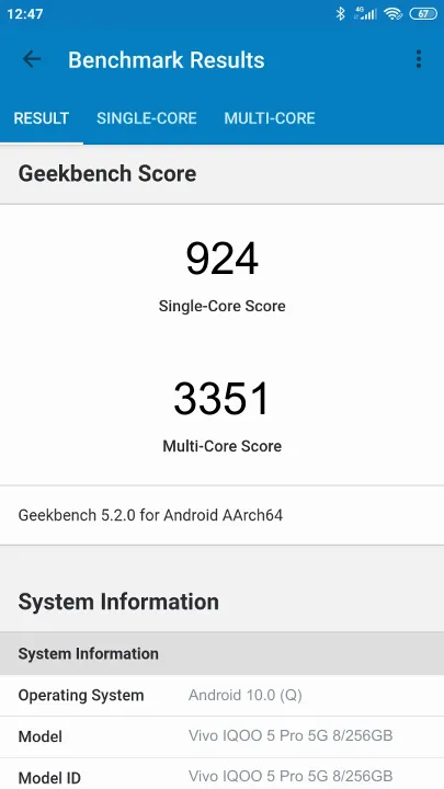 Punteggi Vivo IQOO 5 Pro 5G 8/256GB Geekbench Benchmark