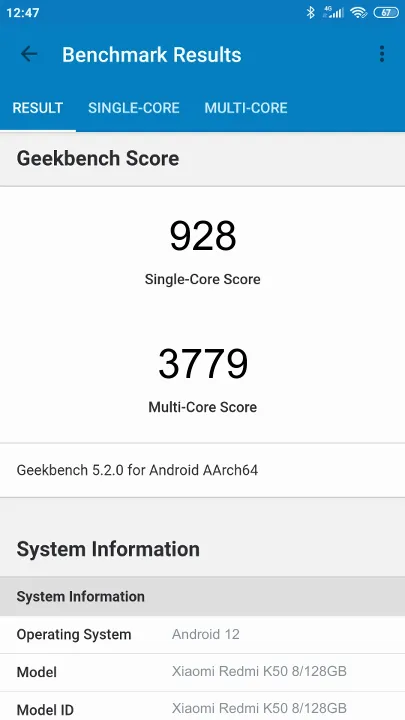 Xiaomi Redmi K50 8/128GB Geekbench ベンチマークテスト