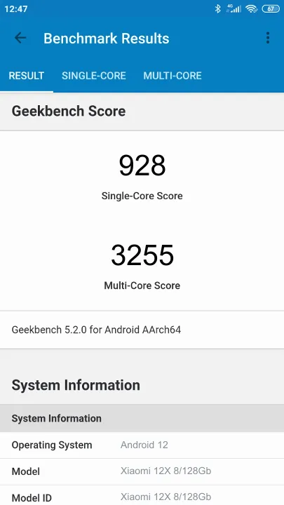 Pontuações do Xiaomi 12X 8/128Gb Geekbench Benchmark