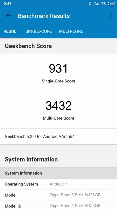 Wyniki testu Oppo Reno 5 Pro+ 8/128GB Geekbench Benchmark