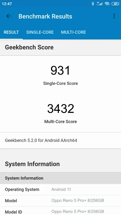Punteggi Oppo Reno 5 Pro+ 8/256GB Geekbench Benchmark