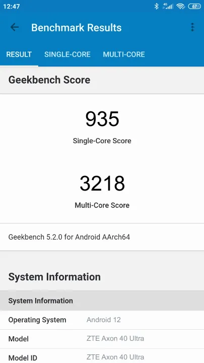 ZTE Axon 40 Ultra 8/128GB的Geekbench Benchmark测试得分