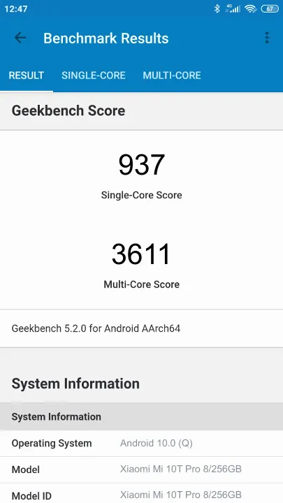 Xiaomi Mi 10T Pro 8/256GB的Geekbench Benchmark测试得分